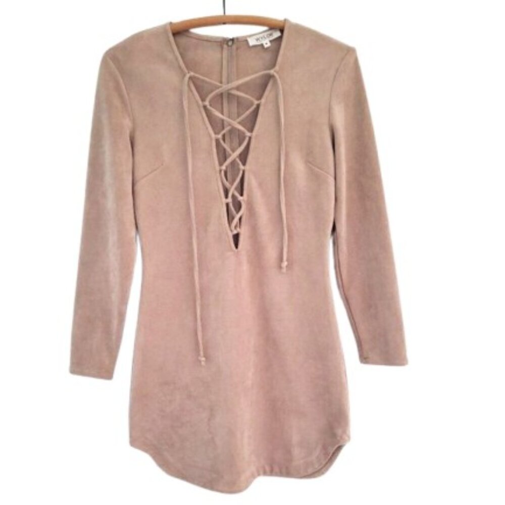 WYLDR Faux Suede Lace Up Long Sleeve Beige Mini Dress Sz M